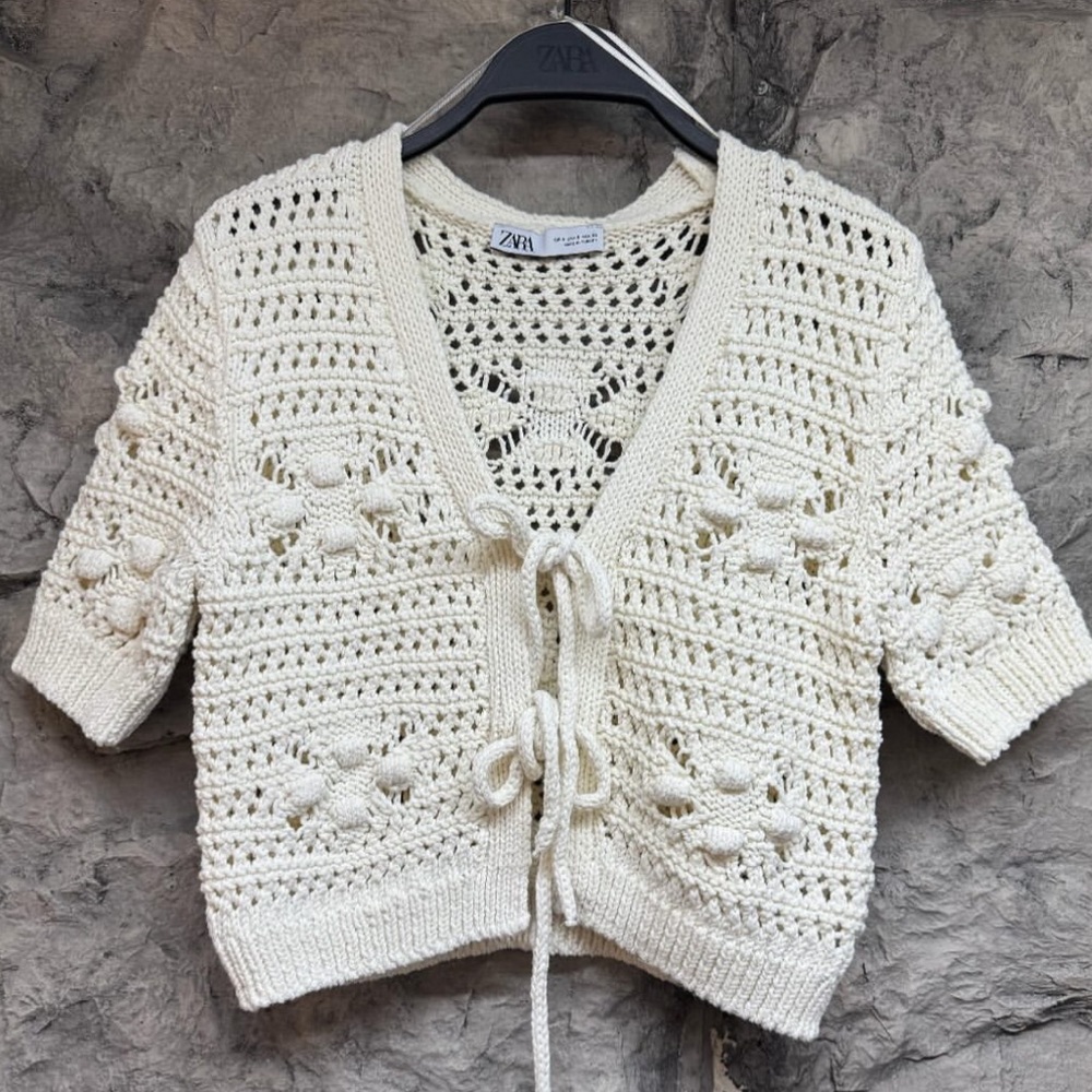 Zara off white cream ivory crochet short sleeve tie front knit sweater cardigan